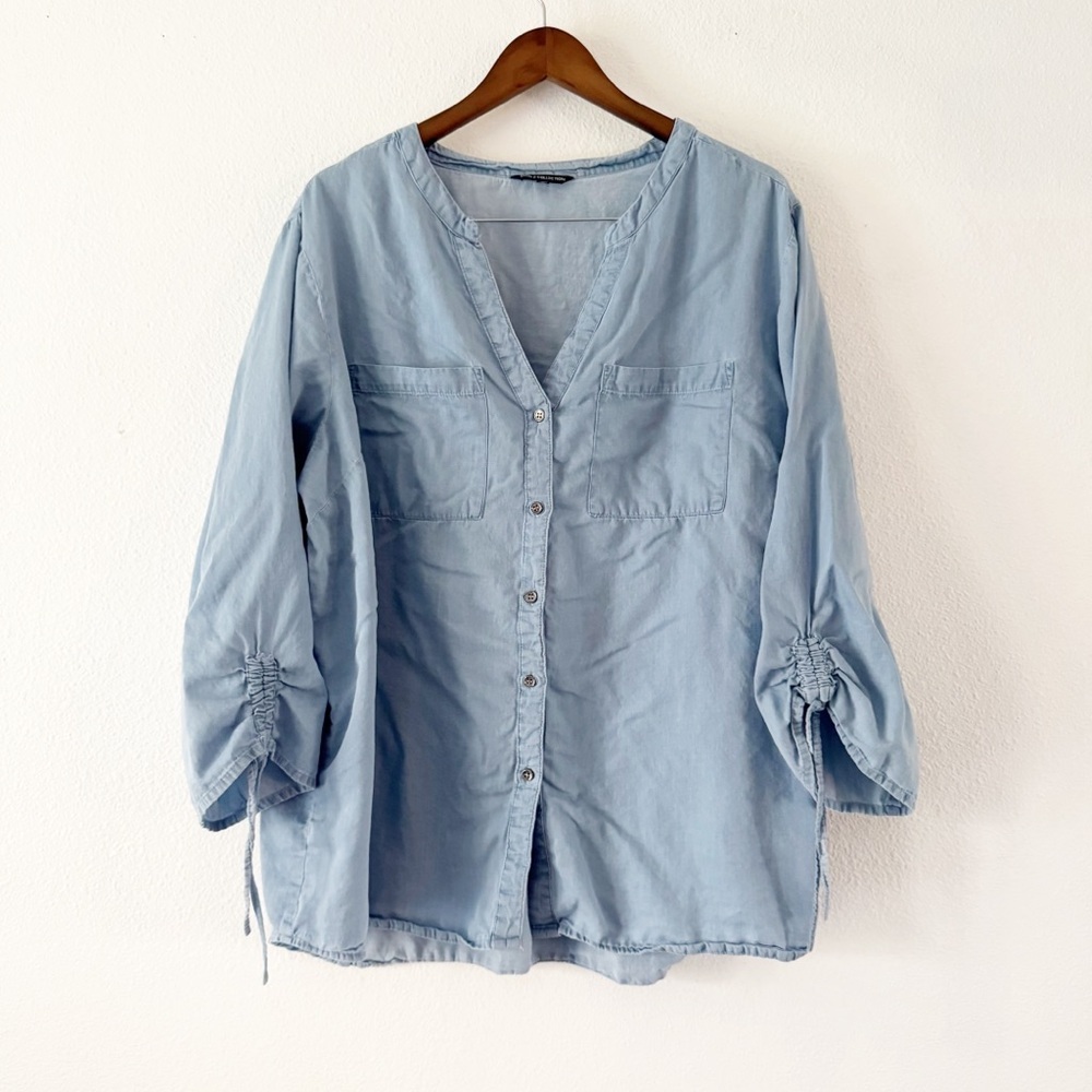 CLUB Z COLLECTION Tencel Cotton Chambray Blouse 3X Plus Coastal Cottagecore Chic - Picture 2 of 11